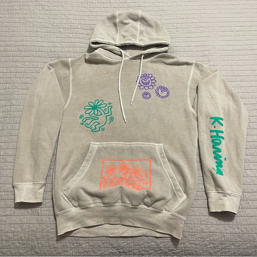 Keith Haring Doodle Puff Print Unisex Hoodie Sweatshirt Tan Size Small